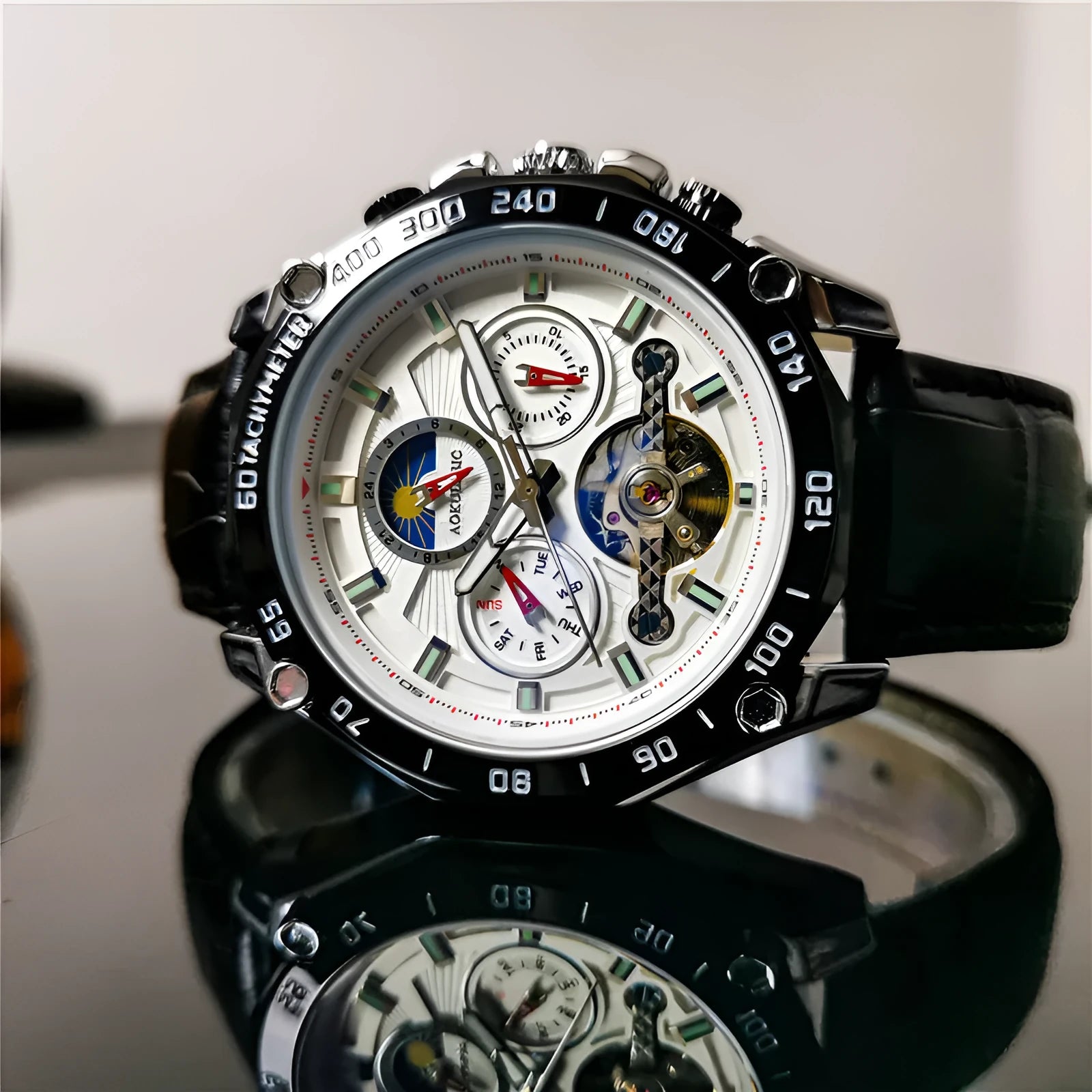 Men's automatic mechanical casual watch with a 12mm thick case in various colour finishes.