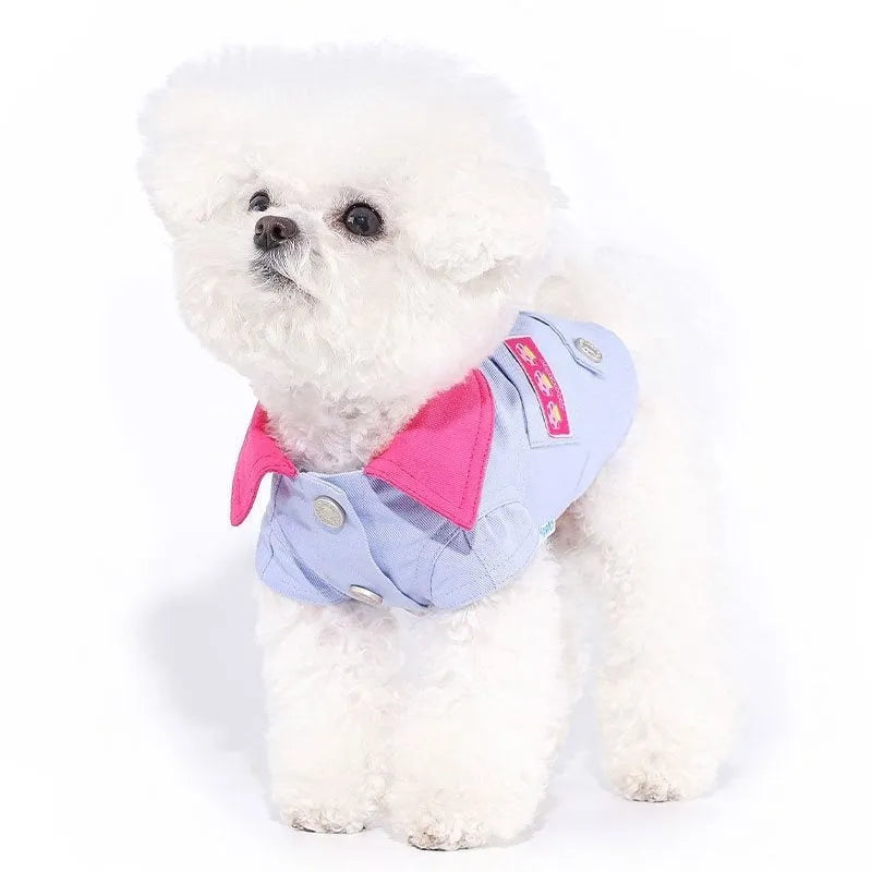 Blue and purple polyester dog vest with traction rope ring for small dogs in summer