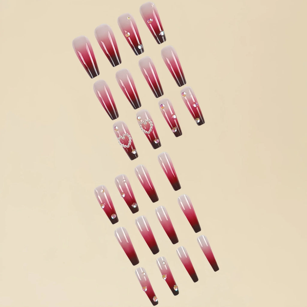 Wine red gradient plaid false nail tips with long ballet style and jelly glue system