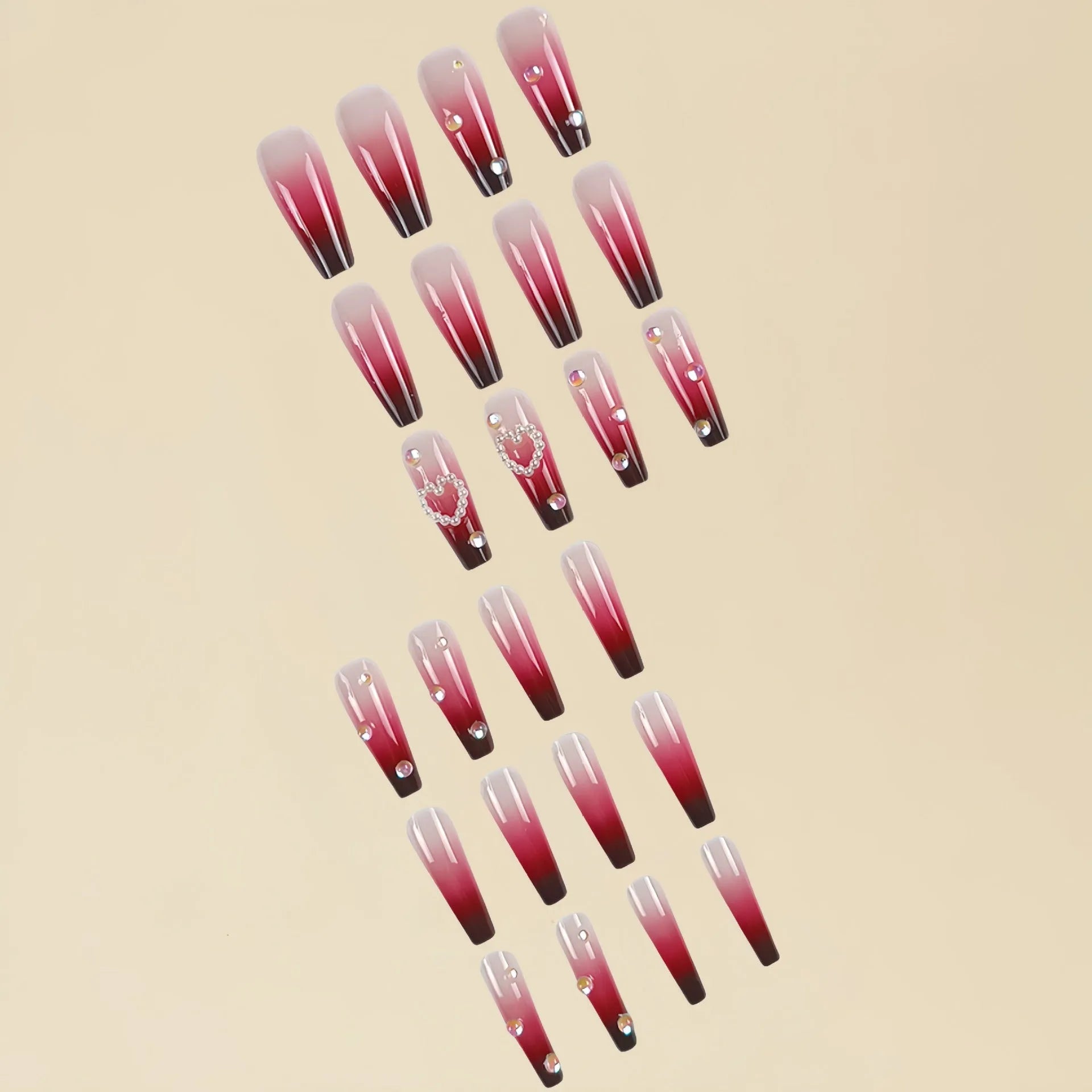 Wine red gradient plaid false nail tips with long ballet style and jelly glue system