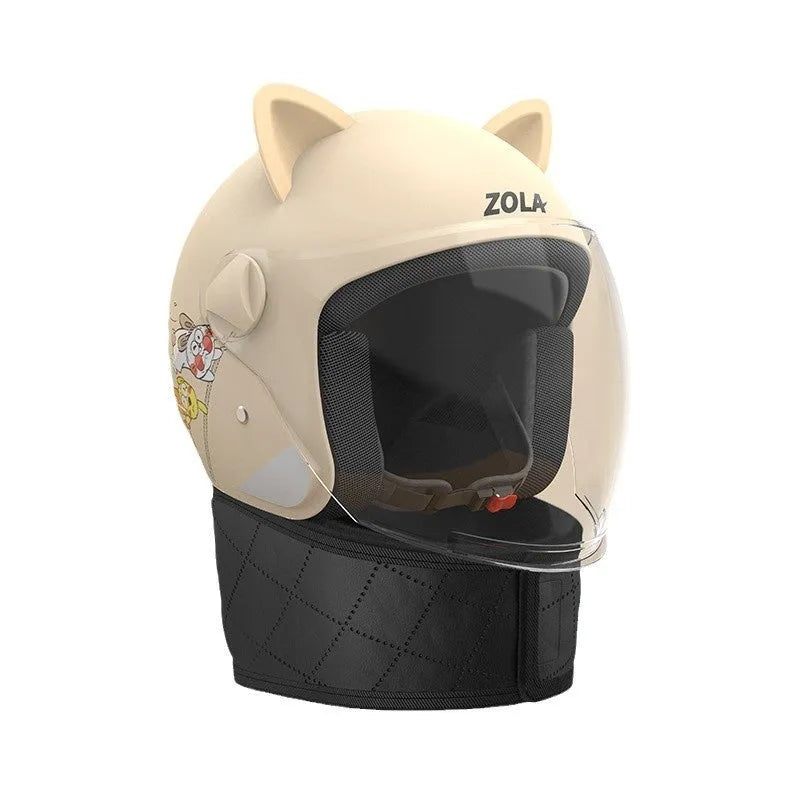 Blue electric bike helmet with attached winter scarf and a clear anti-fog visor