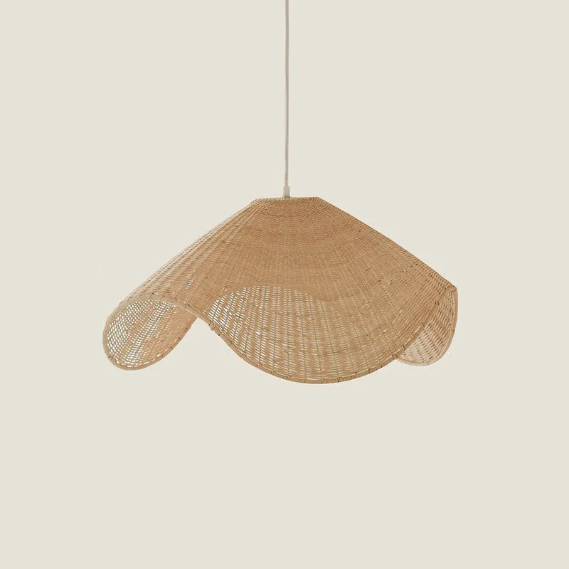 Handwoven straw rattan and willow bamboo pendant ceiling lamp with warm white LED light.