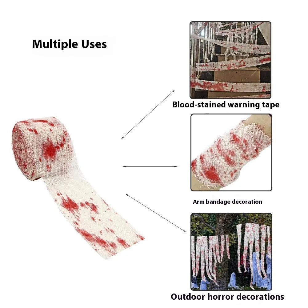 Roll of red Halloween horror gauze bandage with bloody dye effect, 8cm wide.