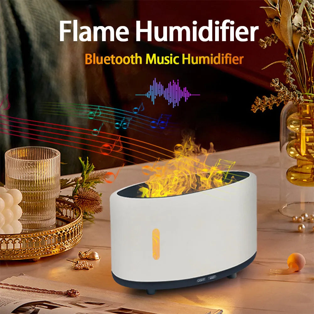 Flame humidifier with Bluetooth remote control and LED aromatherapy light, 150ml, in dark wood grain finish