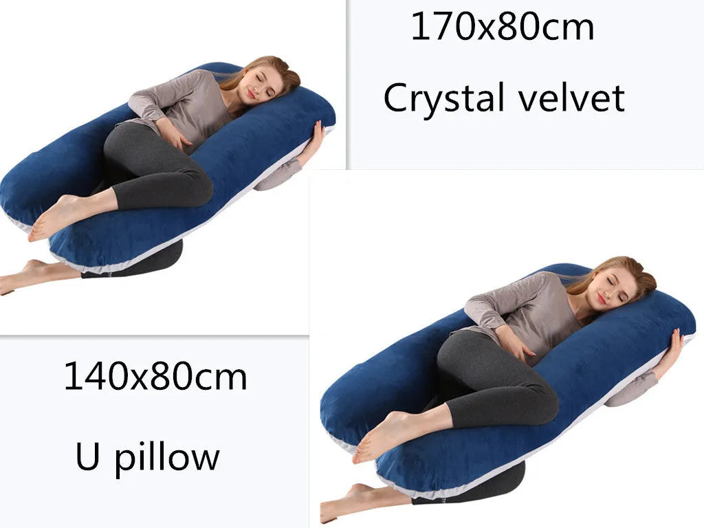 Large U-shaped pregnancy support pillow with removable cover in choice of fabrics.