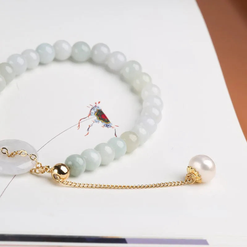 Jade and pearl bracelet with emerald peace buckle clasp and round pendant