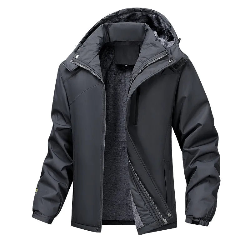 Plus size man wearing a loose-fit Army Green waterproof hooded coat.