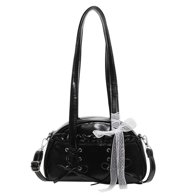 Milky white PU leather ladies shoulder bag with bandage bow and crossbody strap