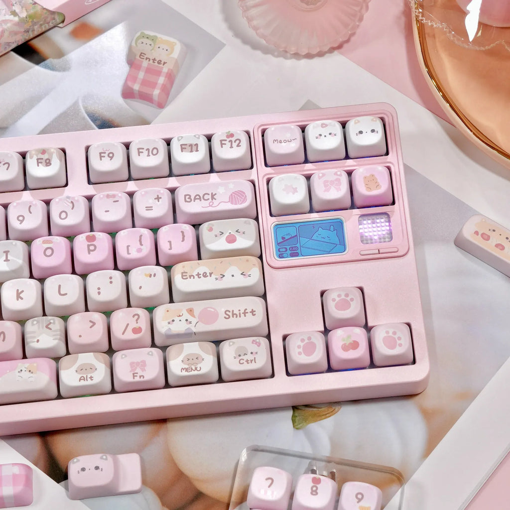 Set of pink cartoon design key caps for mechanical keyboards with MOA profile and five-sided sublimation print.