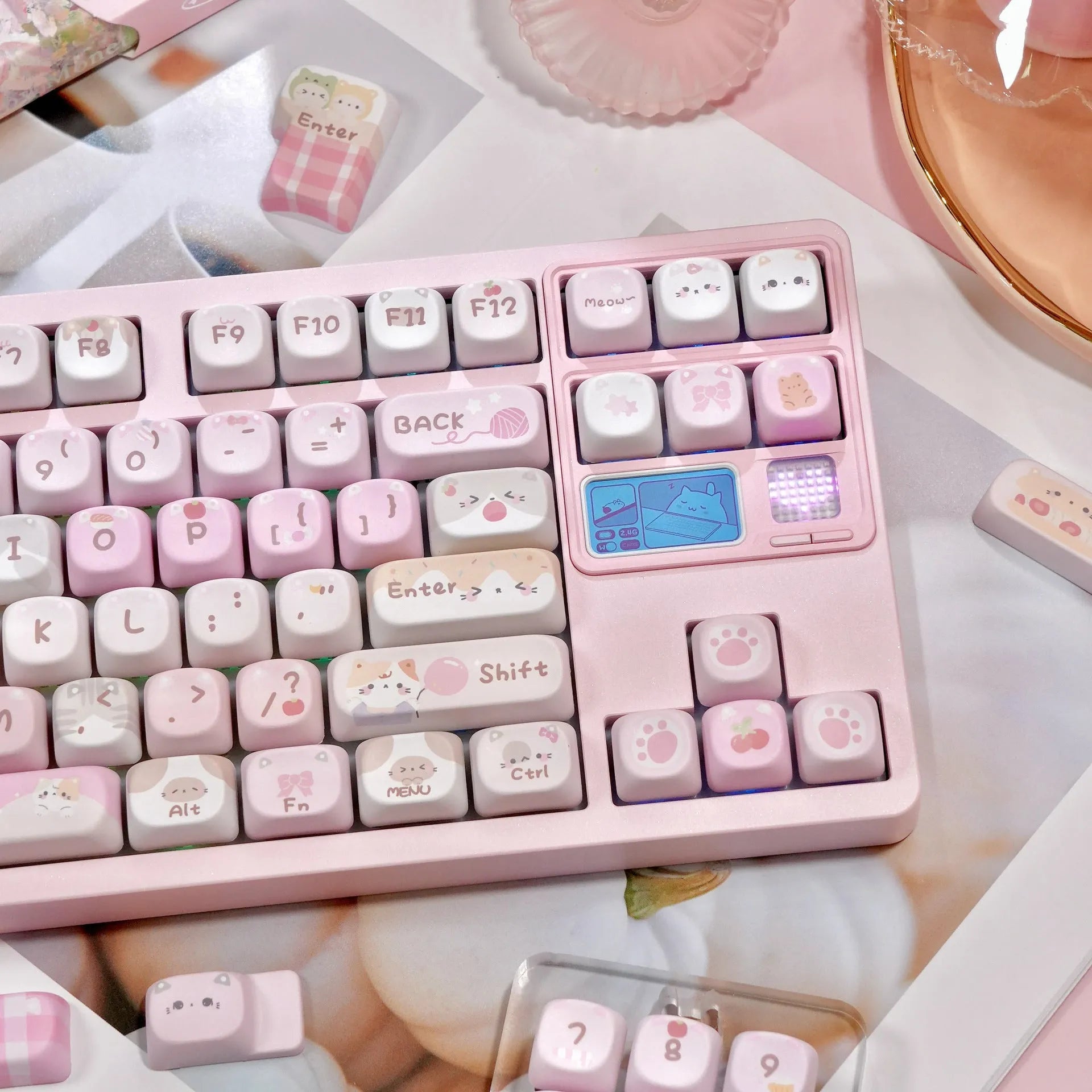 Set of pink cartoon design key caps for mechanical keyboards with MOA profile and five-sided sublimation print.