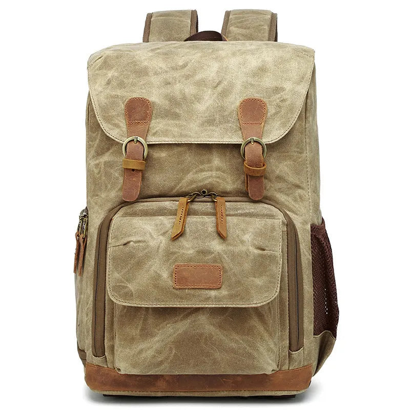 Canvas DSLR camera bag backpack in khaki, grey black, or army green.