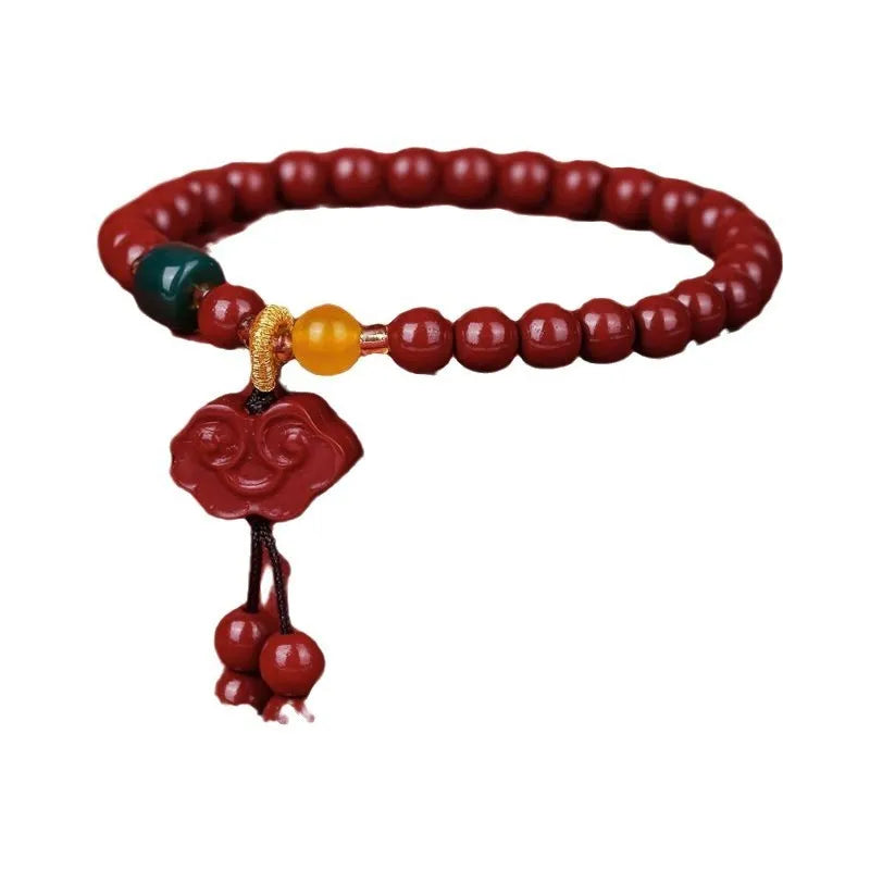 Handmade cinnabar fox pendant bracelet with peace buckle and auspicious cloud motifs
