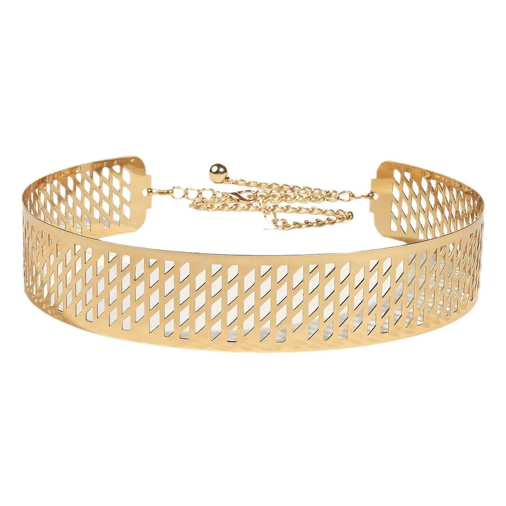 Gold iron waist belt with detailed lantern head pattern, showing alloy buckle and hook fastening.