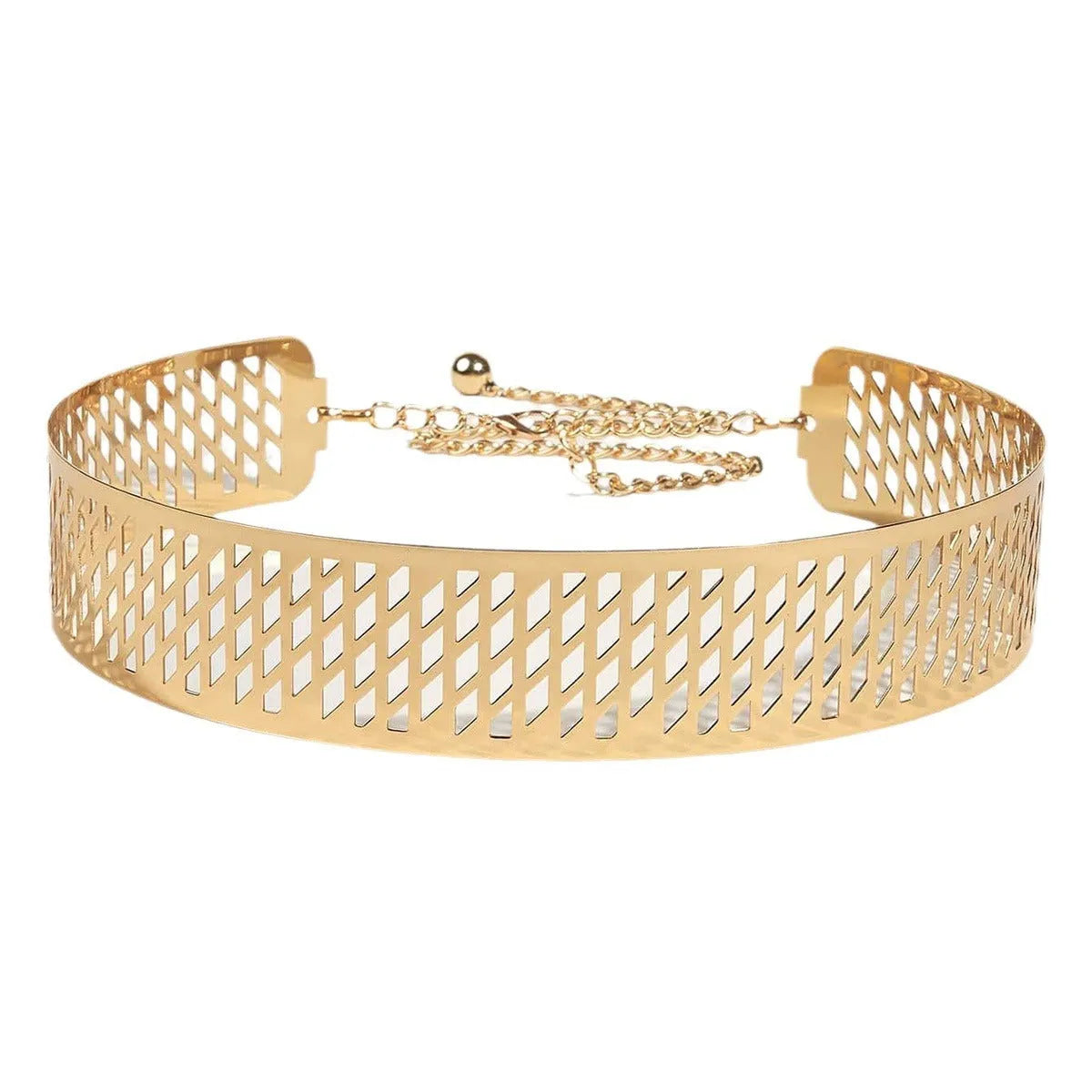Gold iron waist belt with detailed lantern head pattern, showing alloy buckle and hook fastening.