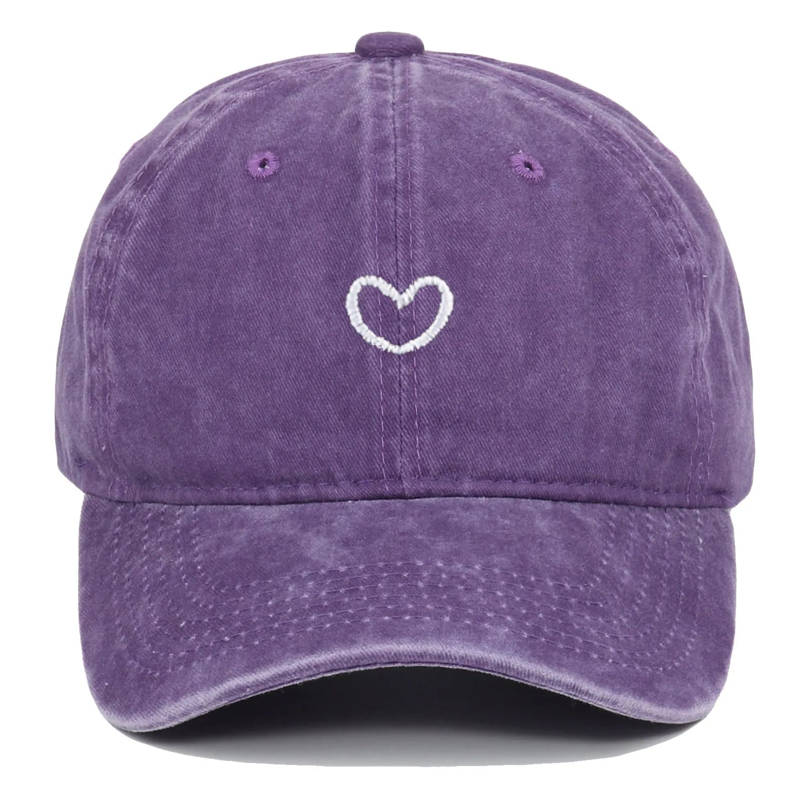 Retro style baseball cap with small love embroidery on cotton fabric in an adjustable dome crown design.