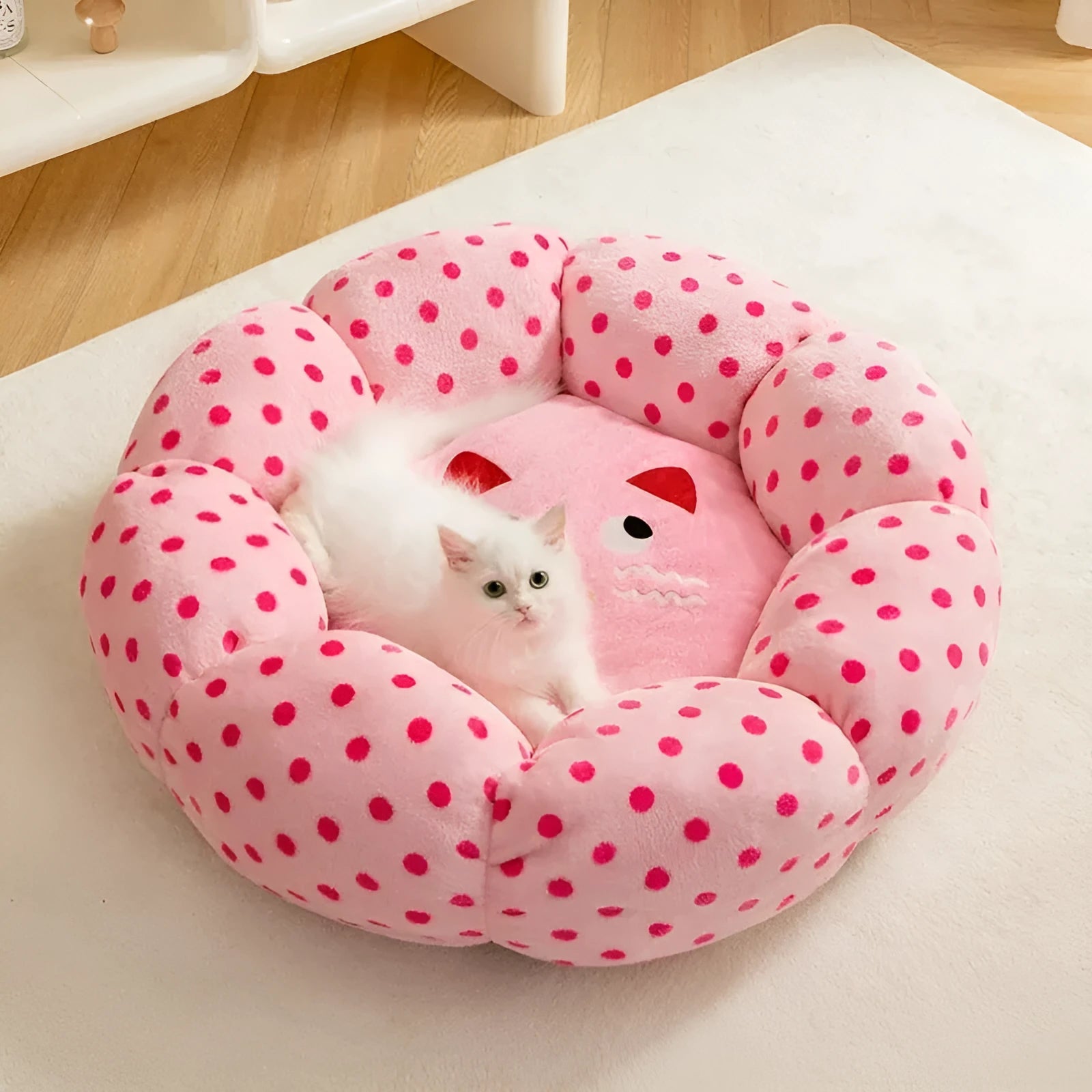 Pink dot pattern cat bed cushion with princess-style design in fabric material