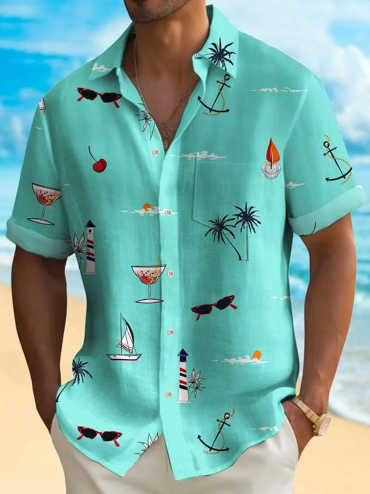 Man wearing a loose fit, short sleeve Hawaiian shirt with a colourful digital print pattern.