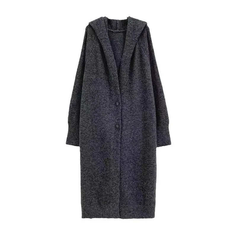 Long grey hooded knitted cardigan for women in loose Korean-style fit.