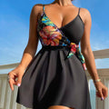 Black women's high waist briefs with a printed split bikini design for swimming and sports.