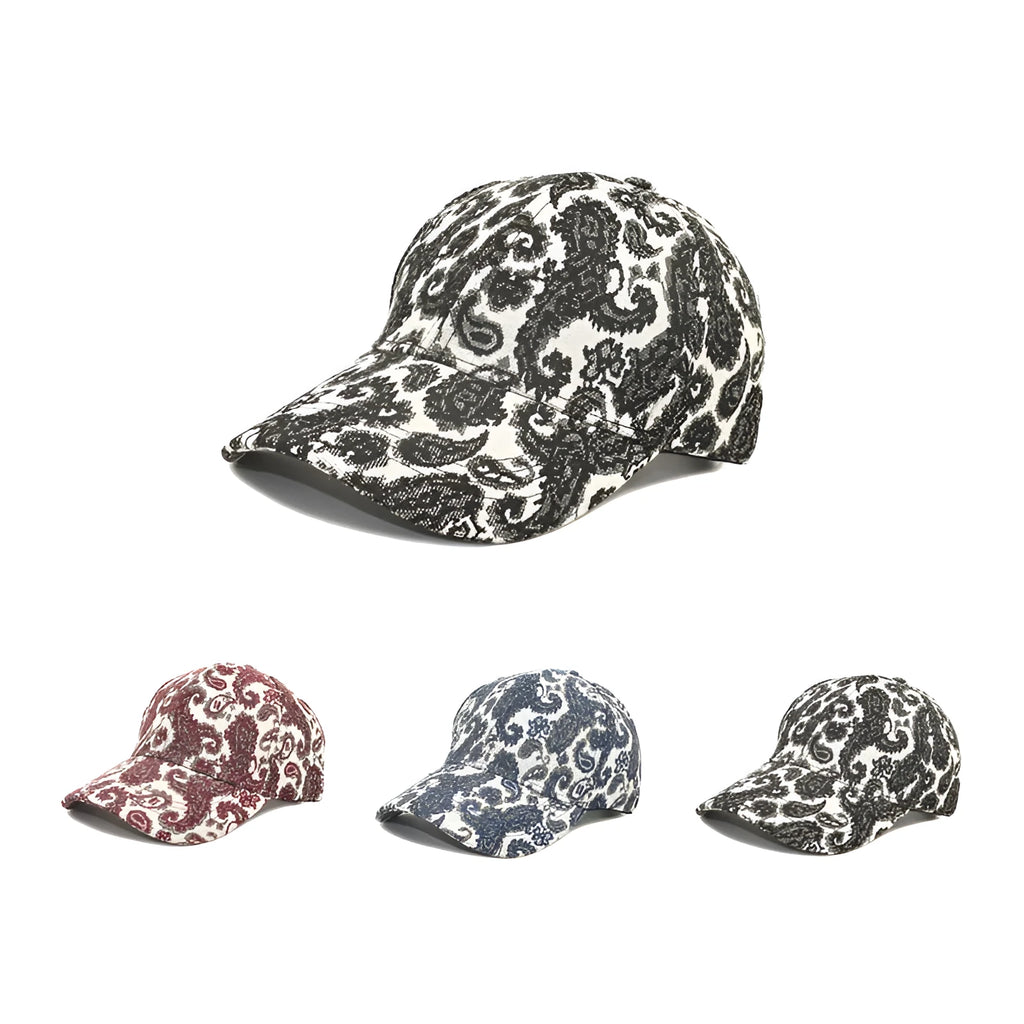 Blue polyester baseball cap with printed paisley pattern, dome crown style, size M 56-58cm