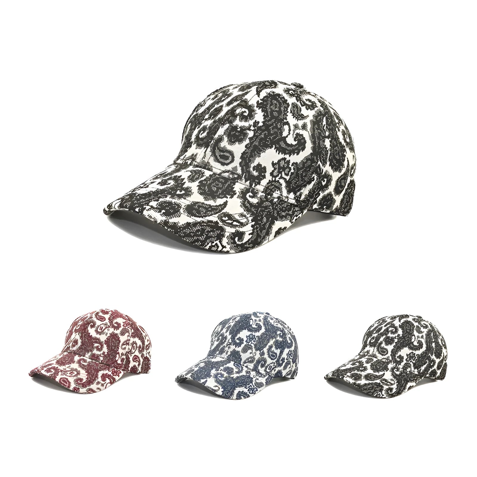 Blue polyester baseball cap with printed paisley pattern, dome crown style, size M 56-58cm