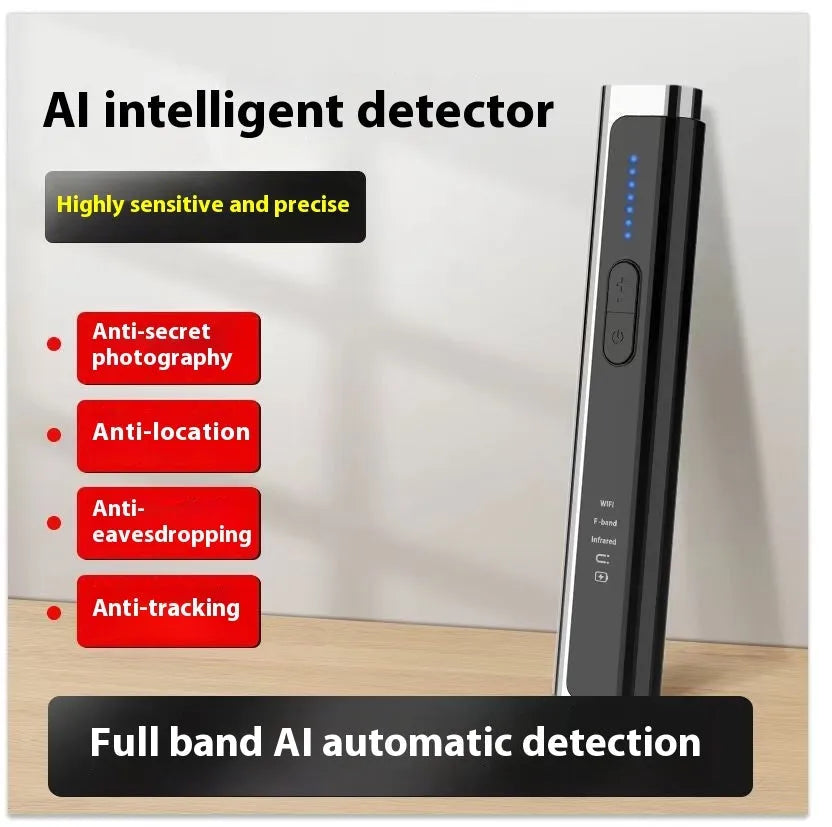 Black or silver anti spy camera detector with dimensions 160mm x 88mm x 47mm