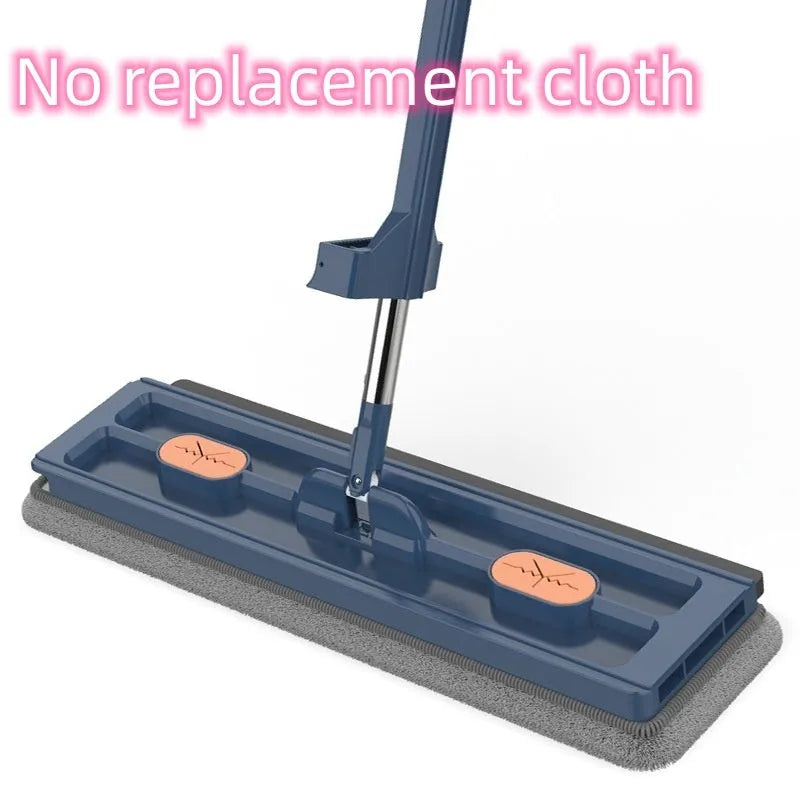 Large flat mop with blue cloth on a wooden floor, showing its 360-degree rotating head and long stainless steel handle.