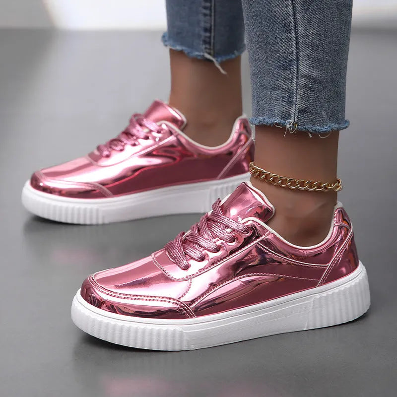 Unisex rose gold sequin platform sneakers with thick sole and round toe.