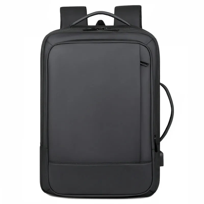 Black waterproof Oxford cloth backpack with curved shoulder strap and business styling