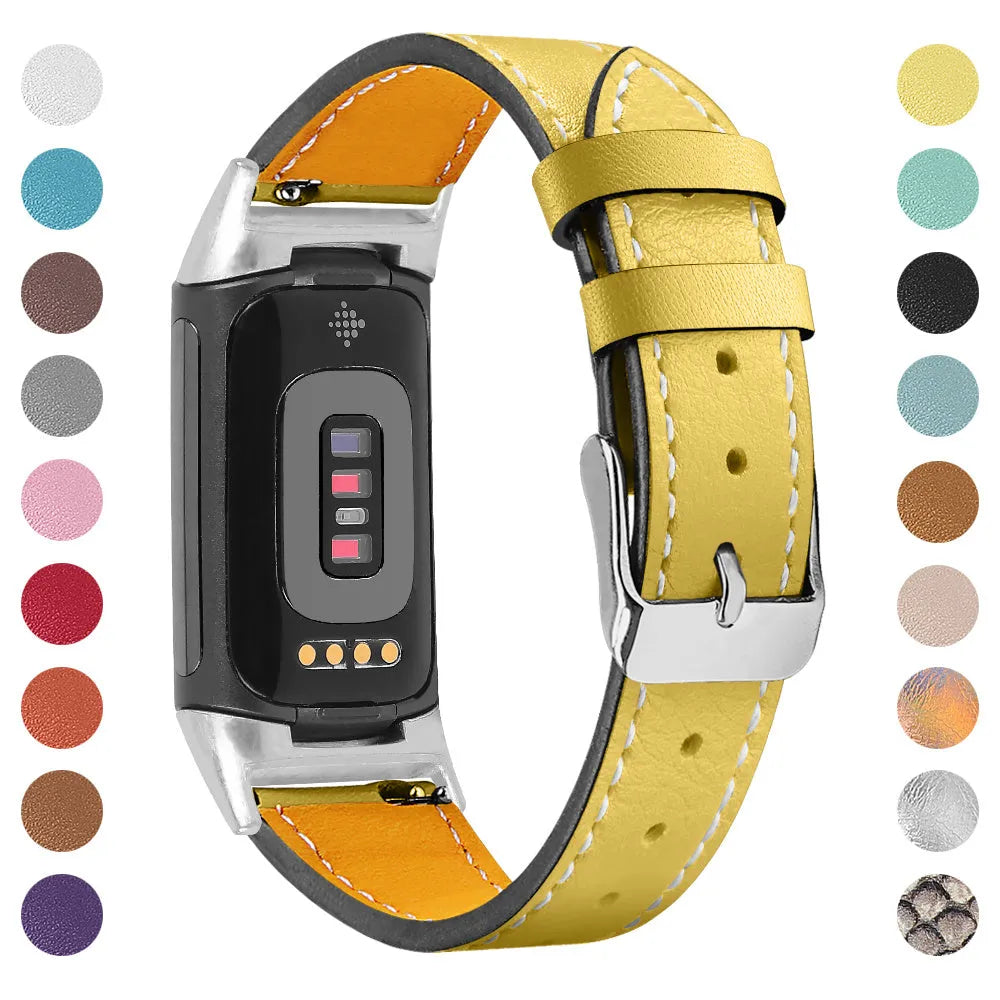 Genuine brown leather watch strap for Fitbit Charge 5 and Charge 6 smartwatches.