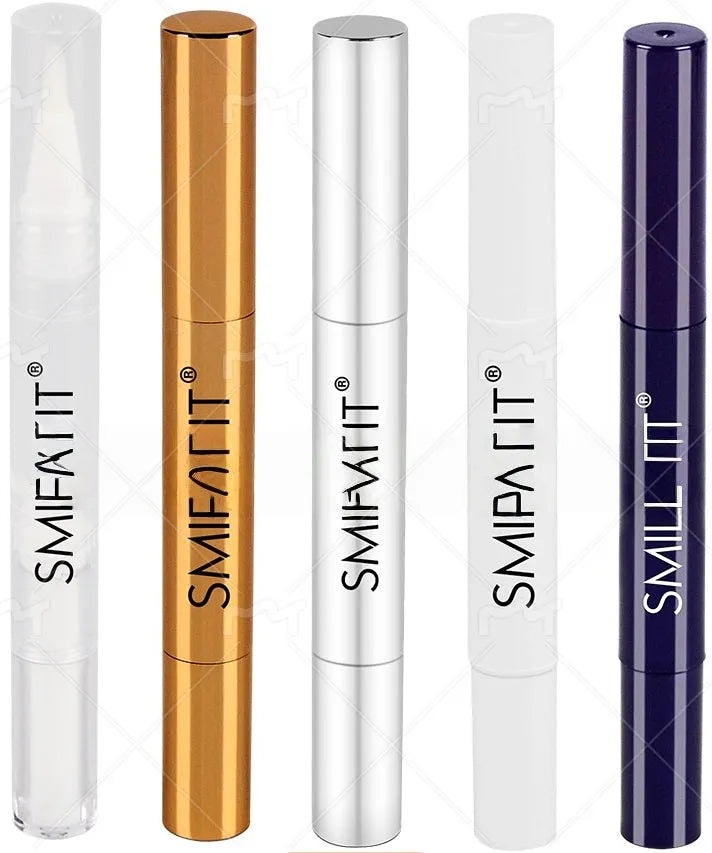 Teeth whitening pen with gel formula in plastic transparent or aluminium gold case designs