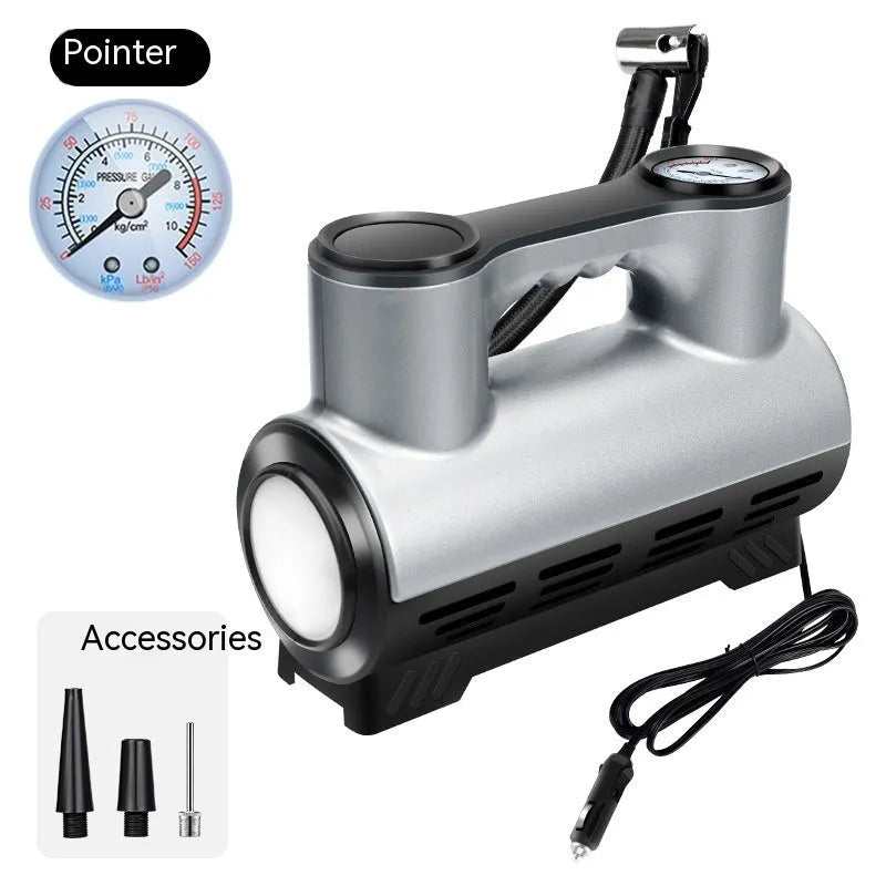 12V portable car tyre inflator with digital display, ABS housing, three air nozzles, and built-in lighting
