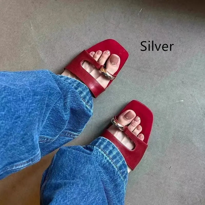 Plus size square head leather slippers with rubber sole in black colour
