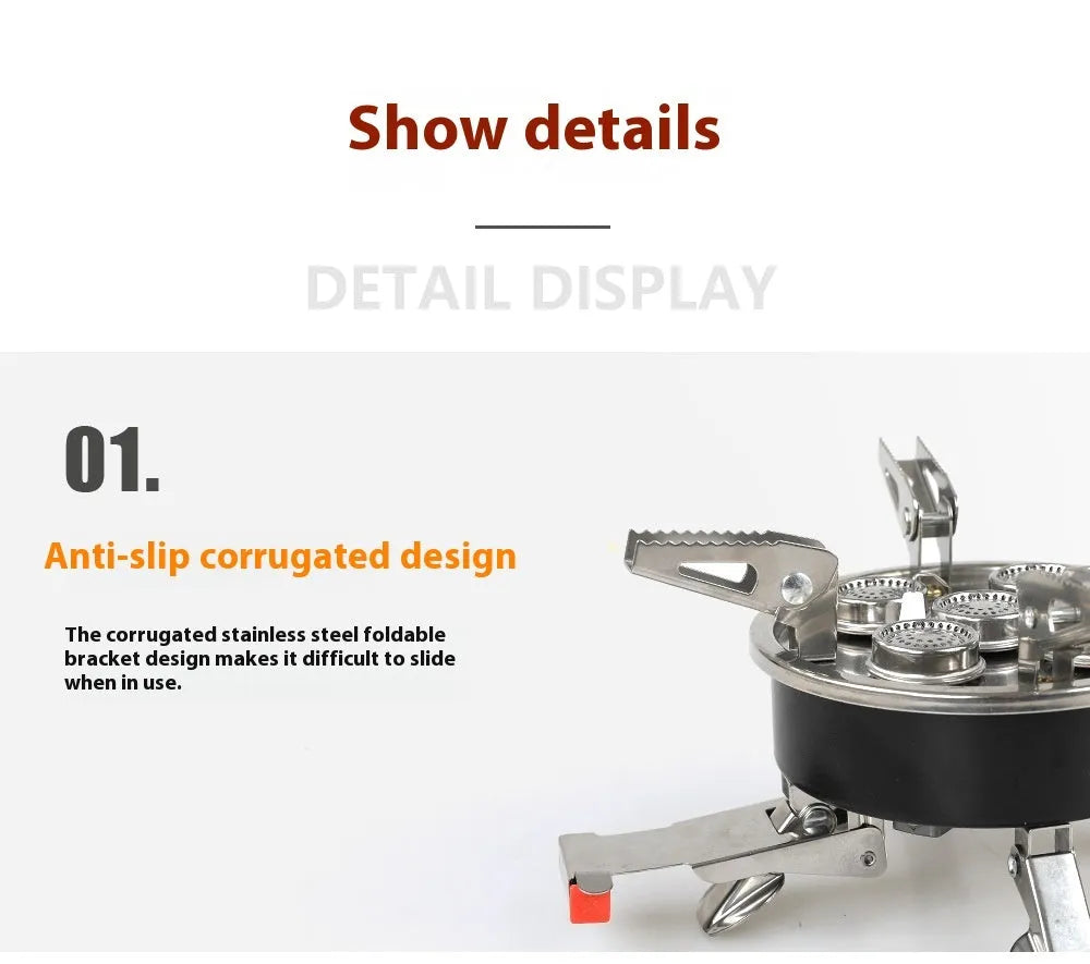 Silver foldable stainless steel portable camping split stove with a long gas hose