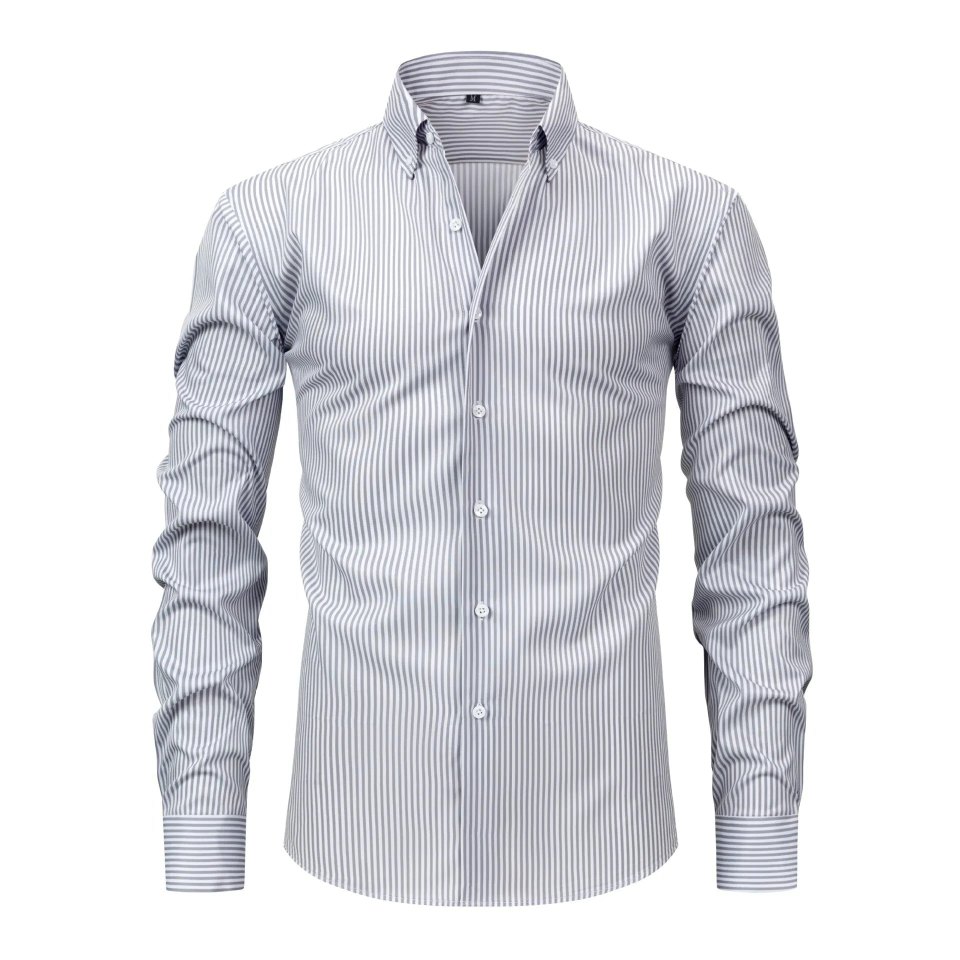 A man wearing a long-sleeved striped business shirt with a lapel collar, showcasing its non-ironing fabric.
