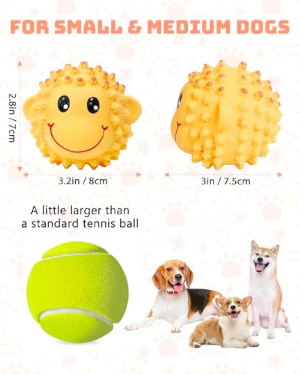 Orange and yellow spiky latex squeaky dog toy approximately 3 inches diameter