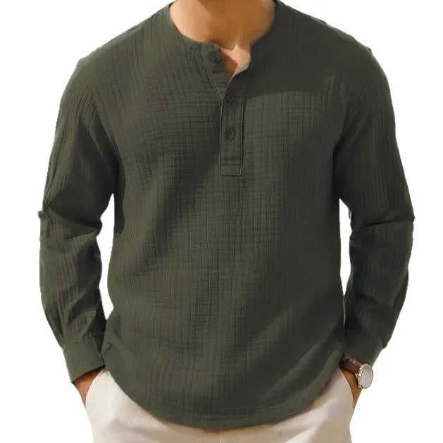 Long sleeve cotton linen pullover shirt in slim fit with 3/4 sleeves in a solid colour.