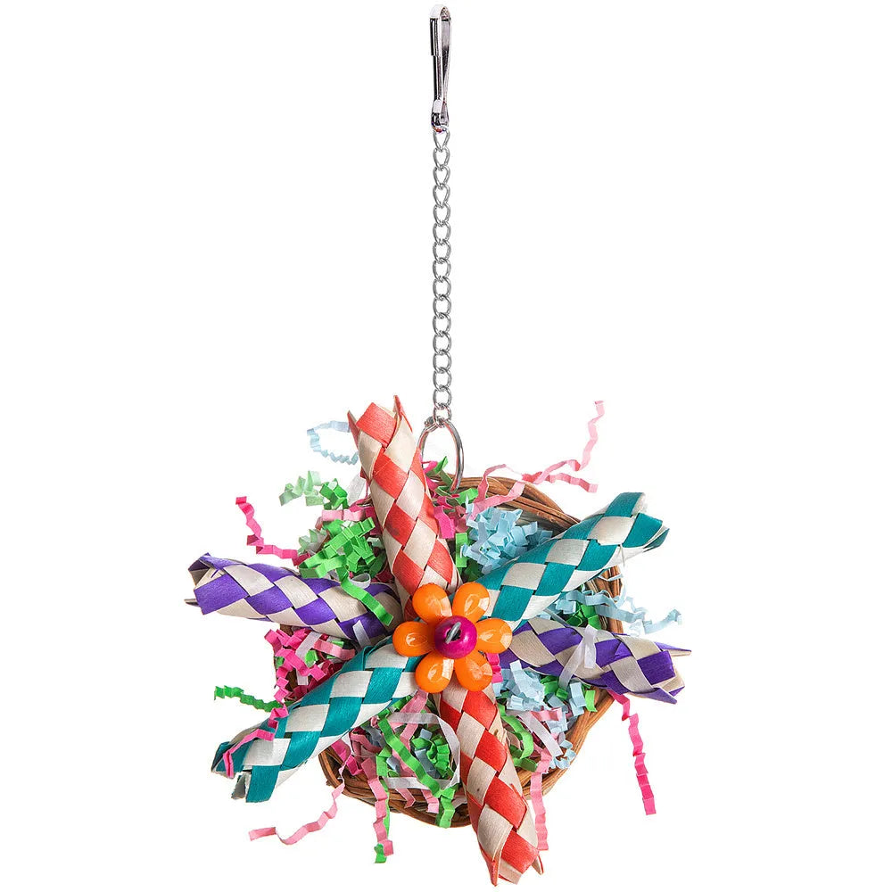 Parrot gnawing molar chew toy with wooden beads, rope, and metal bells in three configuration options