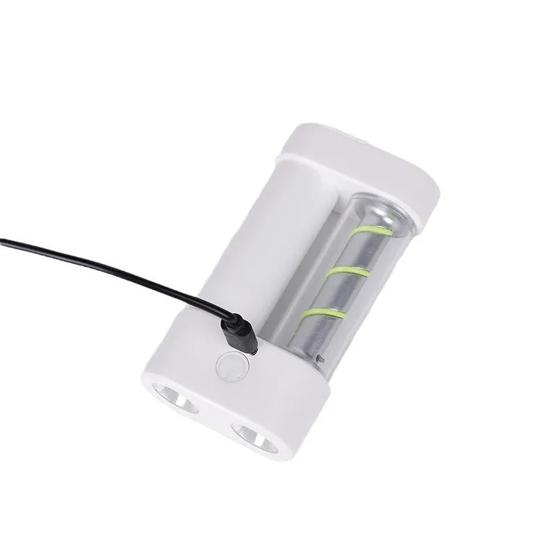 White ABS camping hanging light with USB charging port, 5W output, suspended from a tent loop