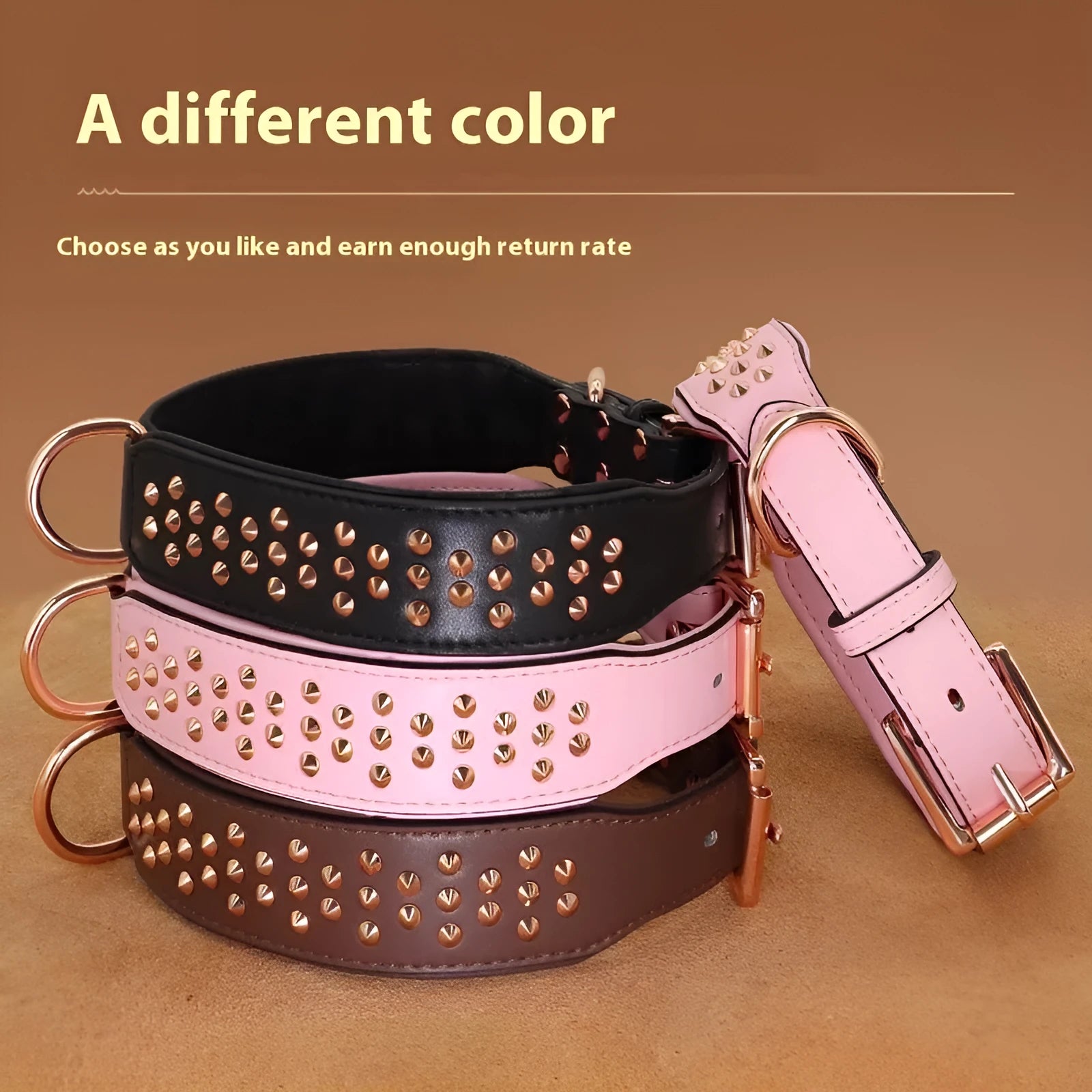 Leather dog collar with metal rivet studs in chocolate colour, shown on a size label.