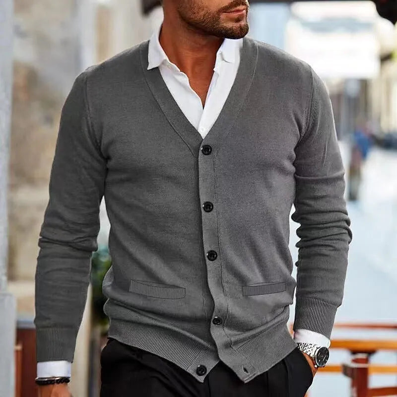 Men's slim fit acrylic cardigan sweater in a selection of colours including creamy-white, grey, black, wine red, and dark green.