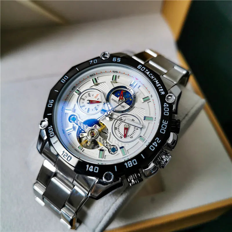 Men's automatic mechanical casual watch with a 12mm thick case in various colour finishes.