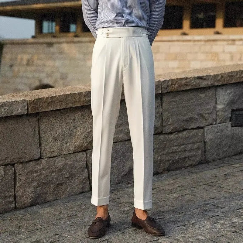 Men's slim fit straight leg suit trousers in chemical blend fabric for business formal wear