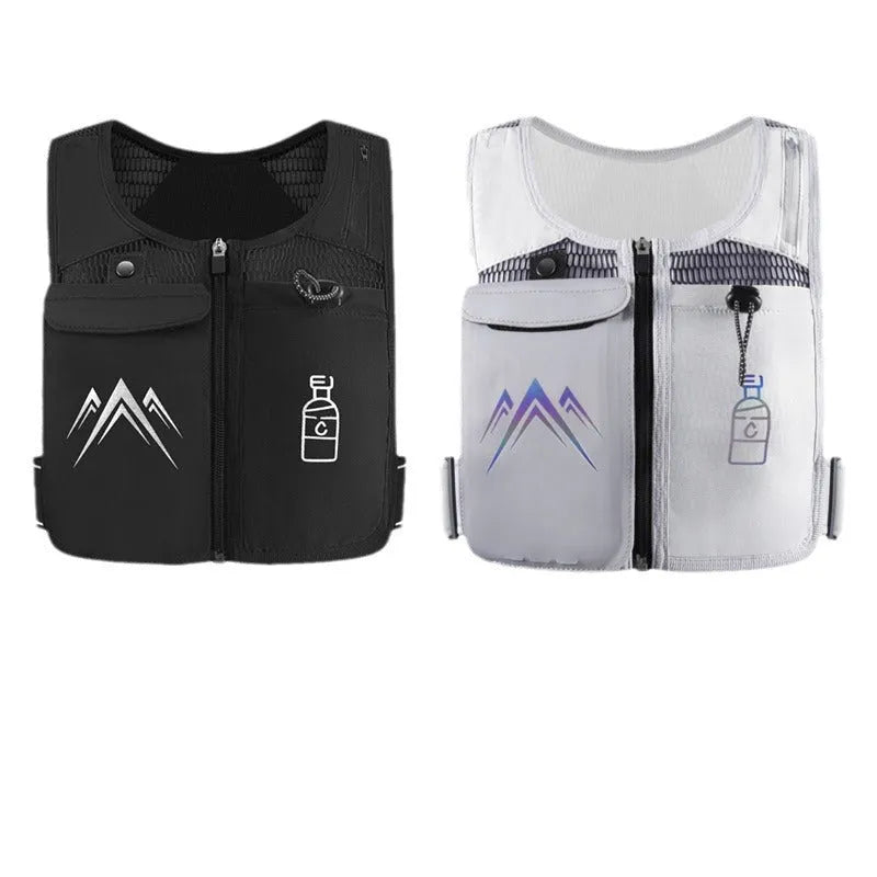 Breathable mesh sports running vest with integrated mobile phone pocket, shown in classic black colour.