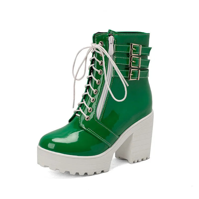 Women's black thick-heel ankle boots with round toe and front lace-up design.