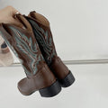 Brown women's mid-calf embroidered martin boots with leather lining and waterproof platform