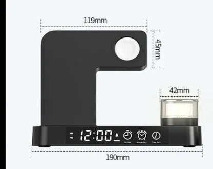 White foldable wireless charging station showing alarm clock display, phone charging surface and RGB night light