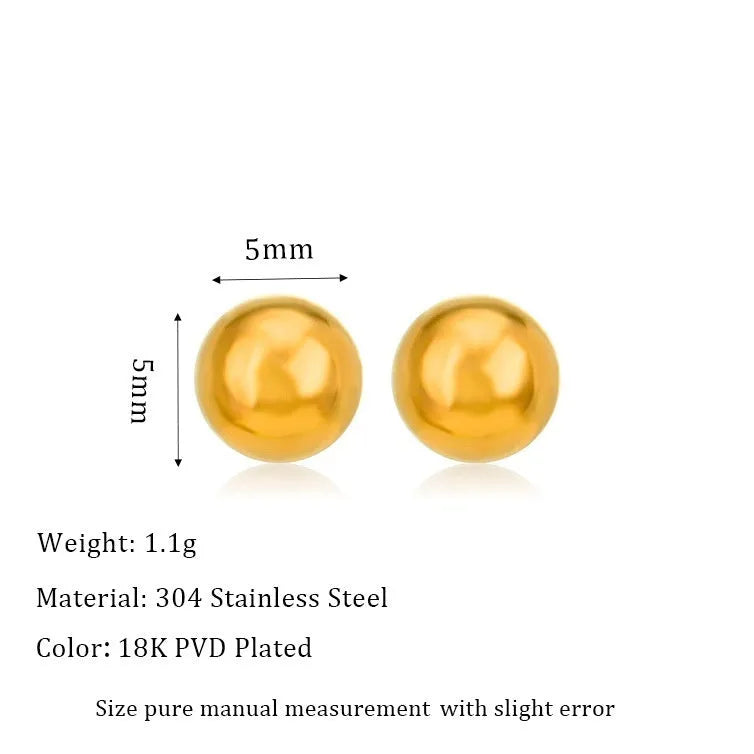 Stainless steel ball stud earrings in gold and silver finishes on a grey background.