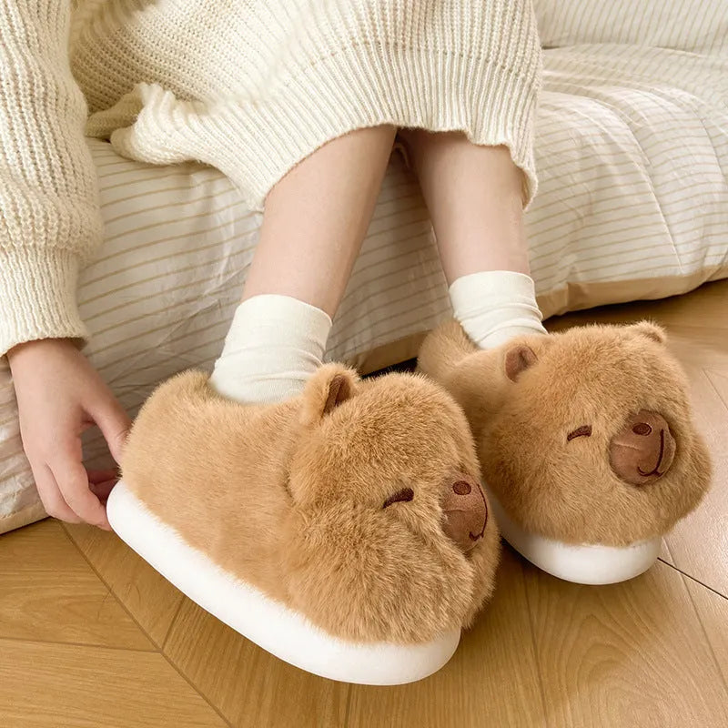Light brown women's winter slippers with cartoon pattern, plush cotton upper and round toe design