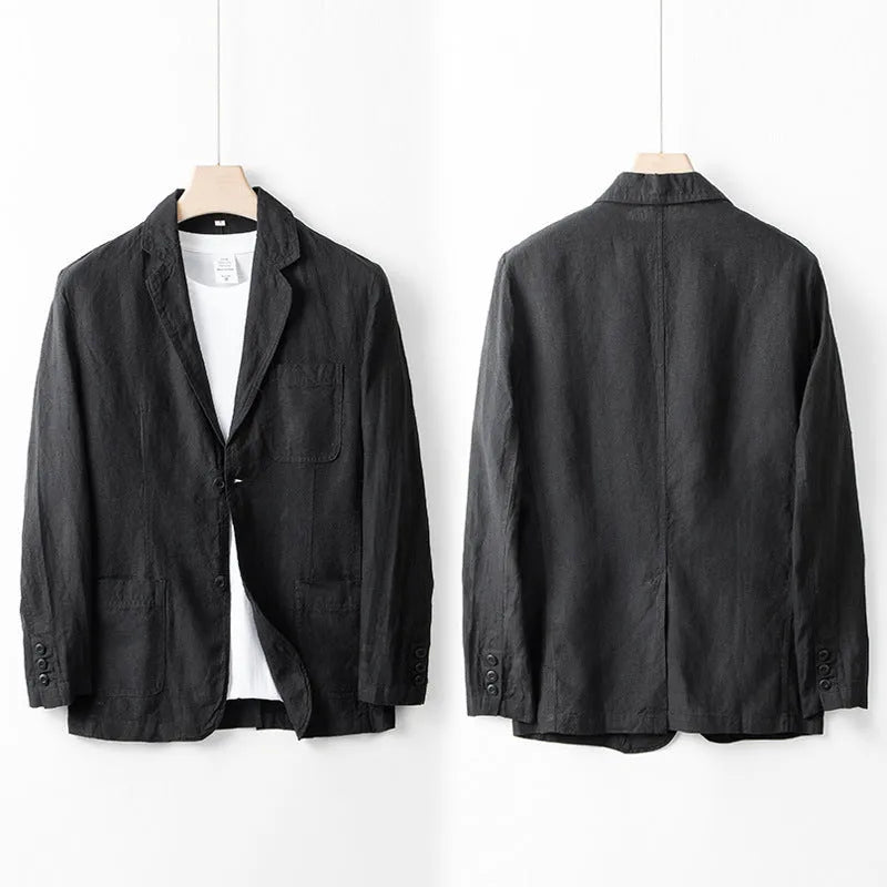 Men's solid colour linen casual blazer jacket shown in a loose fit style.